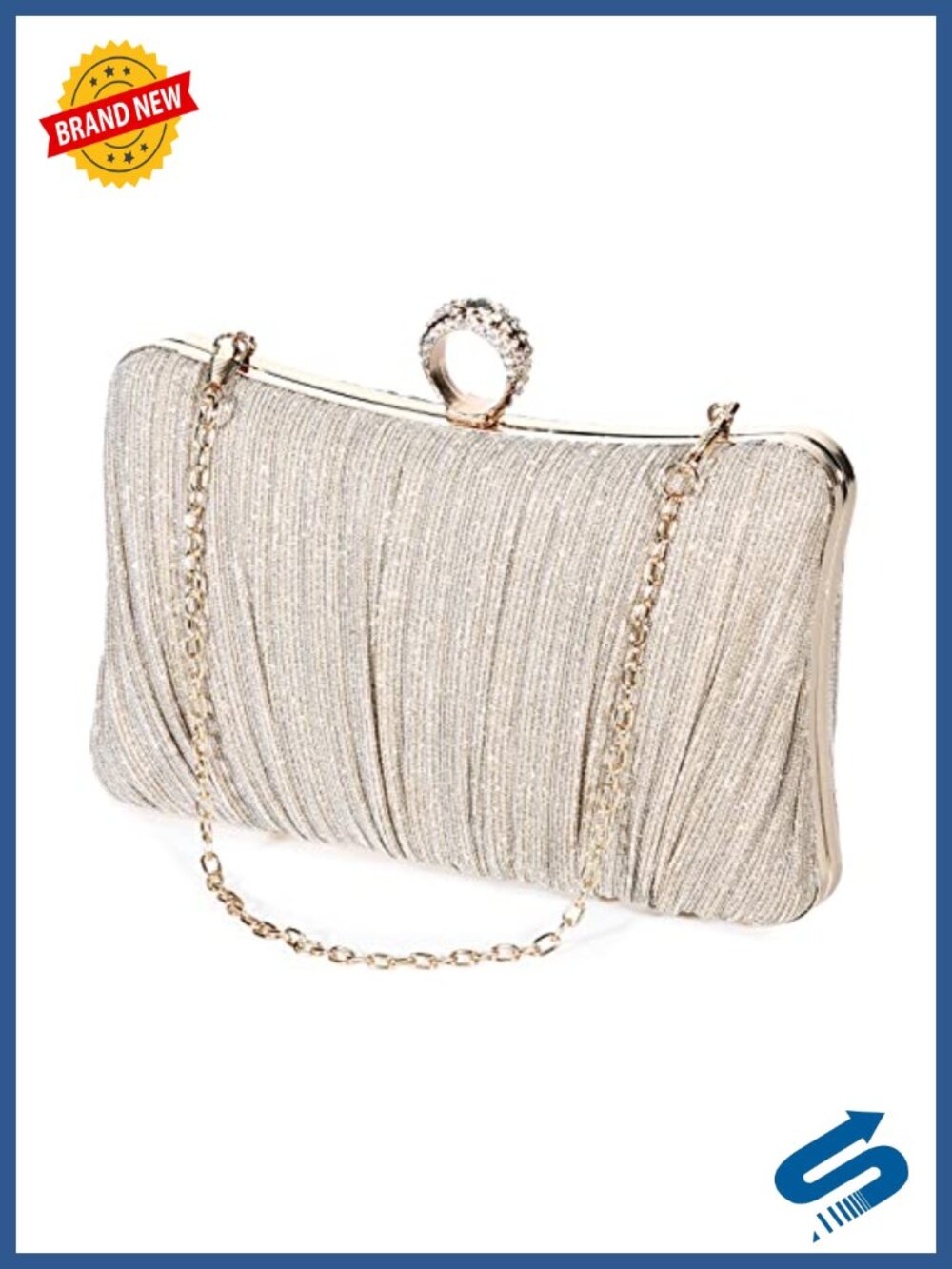 Glitter Satin Evening Clutch with Rhinestone Clasp and Chains